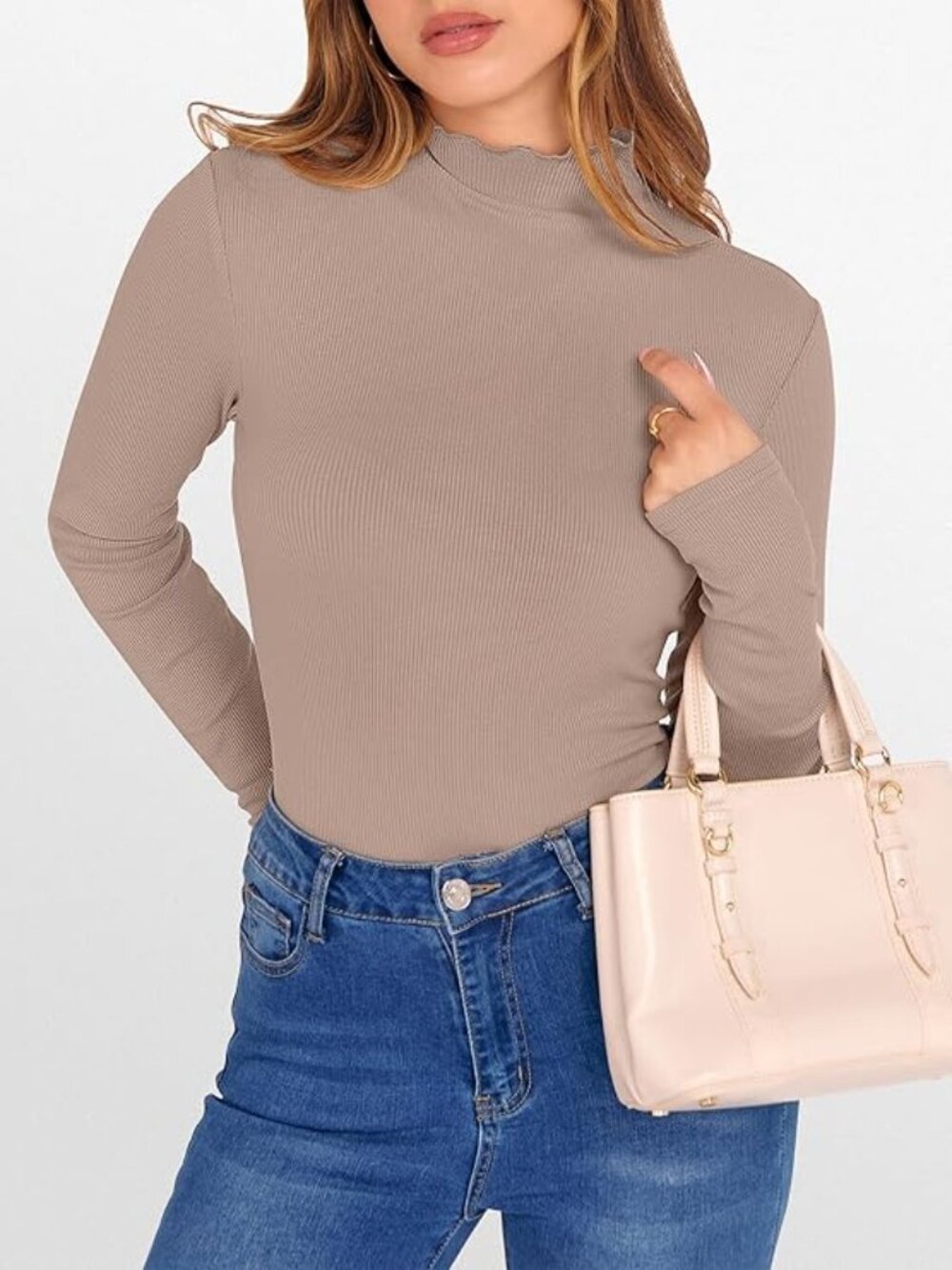 Light Brown Lettuce Trim Mock Neck Long Sleeve Shirt